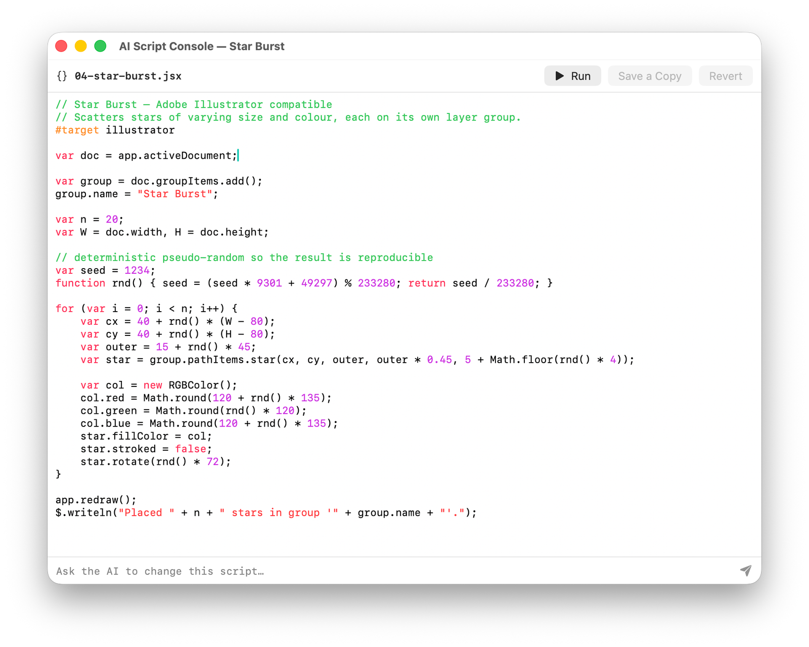 AI Script Console editing a Star Burst JSX script