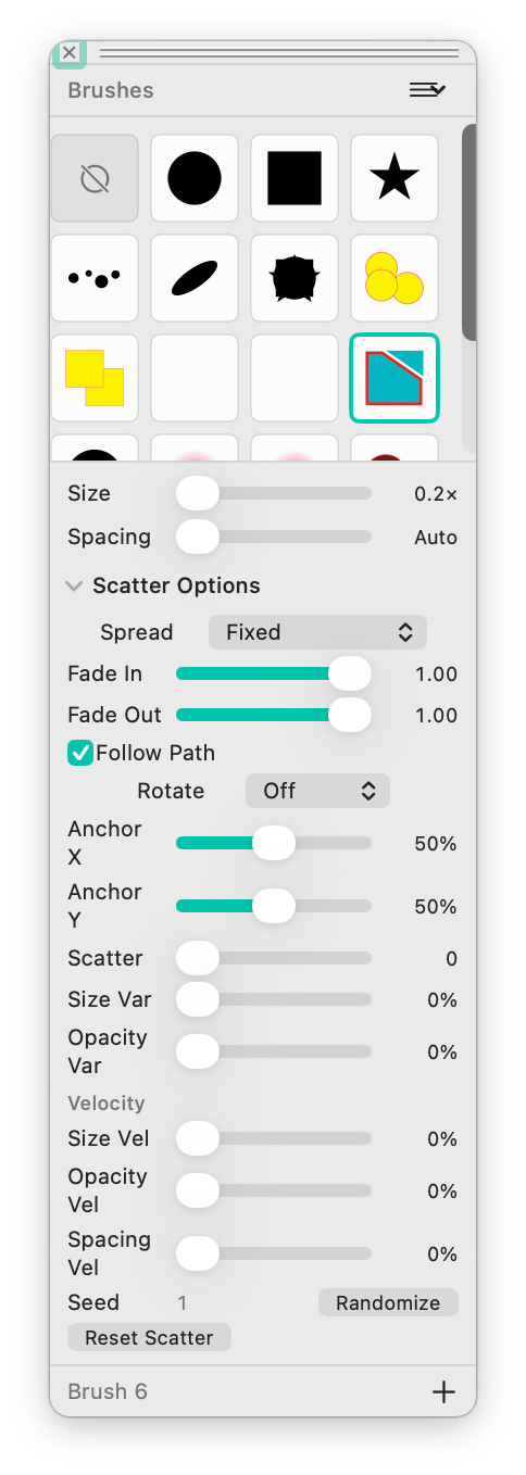 Brushes palette with scatter brush controls