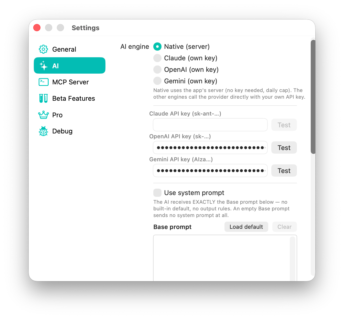 AI settings with native server, Claude, OpenAI and Gemini options