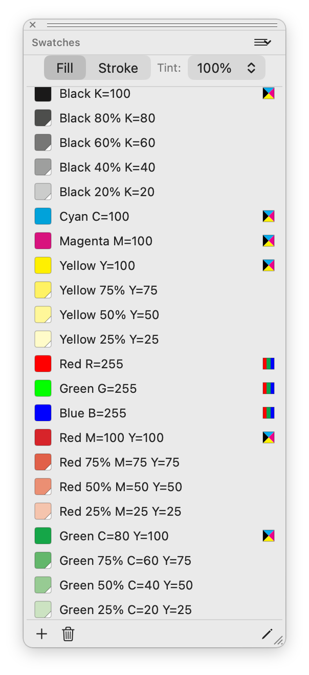 Swatches palette with RGB and CMYK process swatches